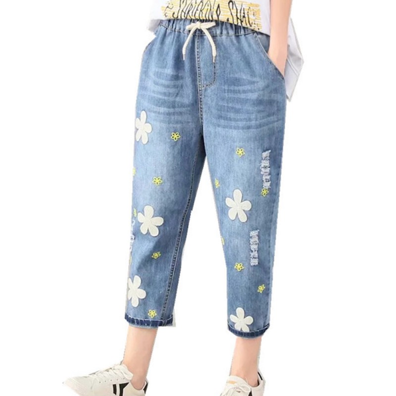 Casual Flower Embroidery Elastic Waist Blue Denim