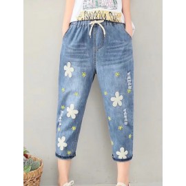 Casual Flower Embroidery Elastic Waist Blue Denim