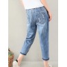 Casual Flower Embroidery Elastic Waist Blue Denim