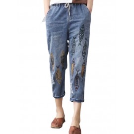 Vintage Embroidery Printed High Waist Mid-Calf Casual Jeans