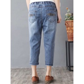 Vintage Embroidery Printed High Waist Mid-Calf Casual Jeans