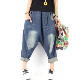 Women Patchwork Solid Color Loose Casual Harem Jeans