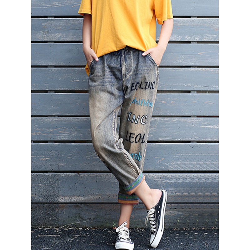 Letters Embroidery Elastic Waist Casual Denim