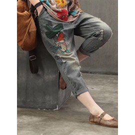 Casual Animal Patch Pockets Elastic Waist Denim