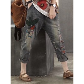 Casual Animal Patch Pockets Elastic Waist Denim