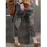 Casual Animal Patch Pockets Elastic Waist Denim