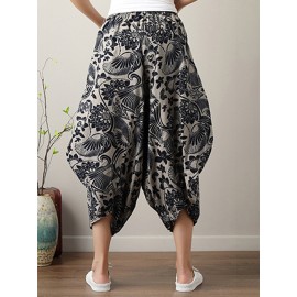 Ethnic Print Loose Irregular Elastic Waist Vintage Pants