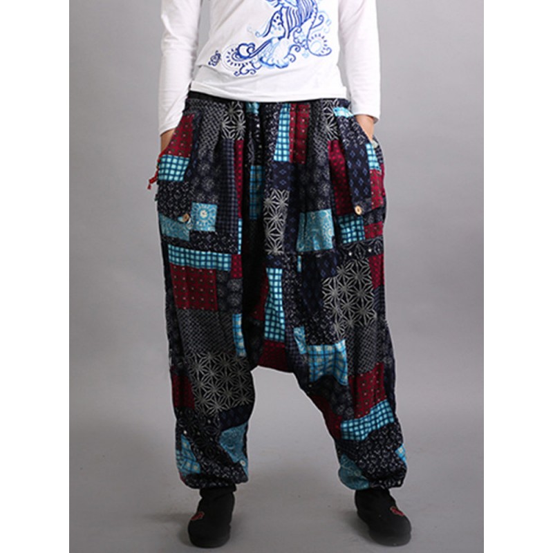 Ethnic Print Patchwork Elastic Waist Women Lantern Pants