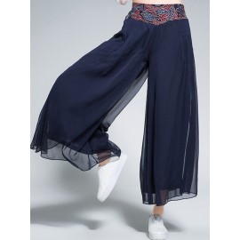 Ethnic Embroidery Patchwork Layered Wide Leg Women Pants