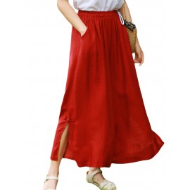 Side Splited Solid Color Tassels Elastic Waist Vintage Pants