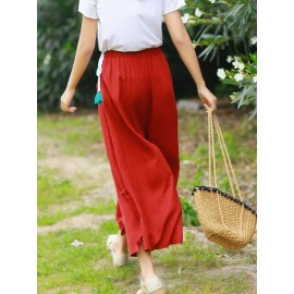 Side Splited Solid Color Tassels Elastic Waist Vintage Pants