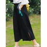 Side Splited Solid Color Tassels Elastic Waist Vintage Pants