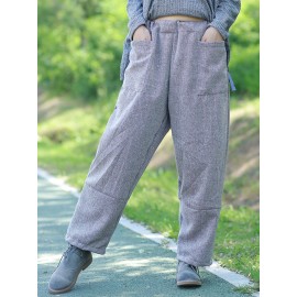 Casual Loose Solid Grey Big Pockets Women Wide Leg Pants