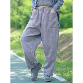 Casual Loose Solid Grey Big Pockets Women Wide Leg Pants