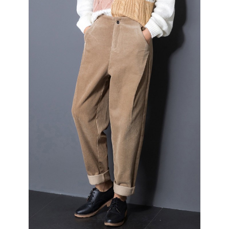 Casual Pure Color Pockets High Waist Pants For Women