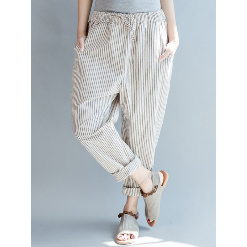 Loose Drawstring Waist Stripe Print Casual Harem Pants