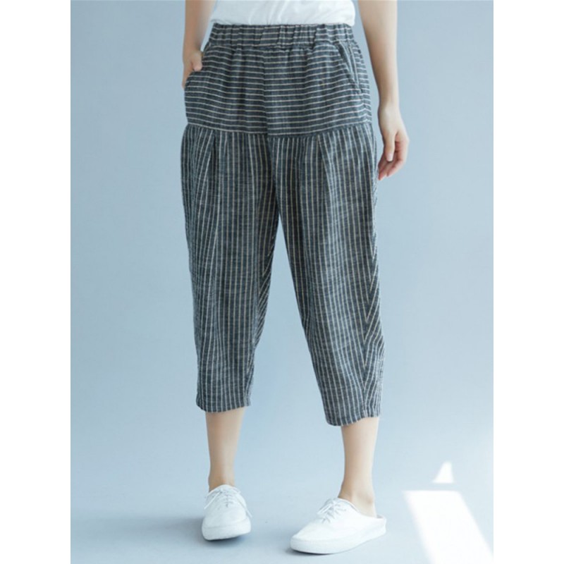 Elastic Waist Stripe Casual Harem Pants With Pockets