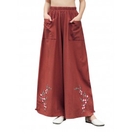 Vintage Ethnic Style Solid Color Embroidered Wide-leg Pants