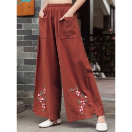 Vintage Ethnic Style Solid Color Embroidered Wide-leg Pants