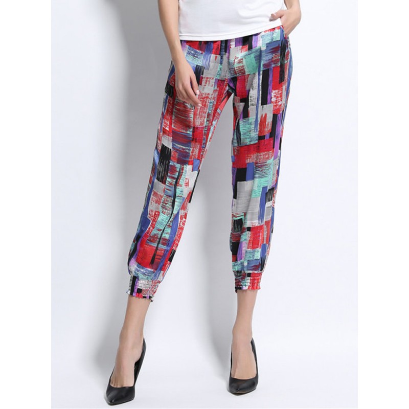 Women Printed Elastic Waist Ankle-Length Bloomers Casual Pants