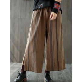 Vintage Stripe Splited Wide Leg Women Pants