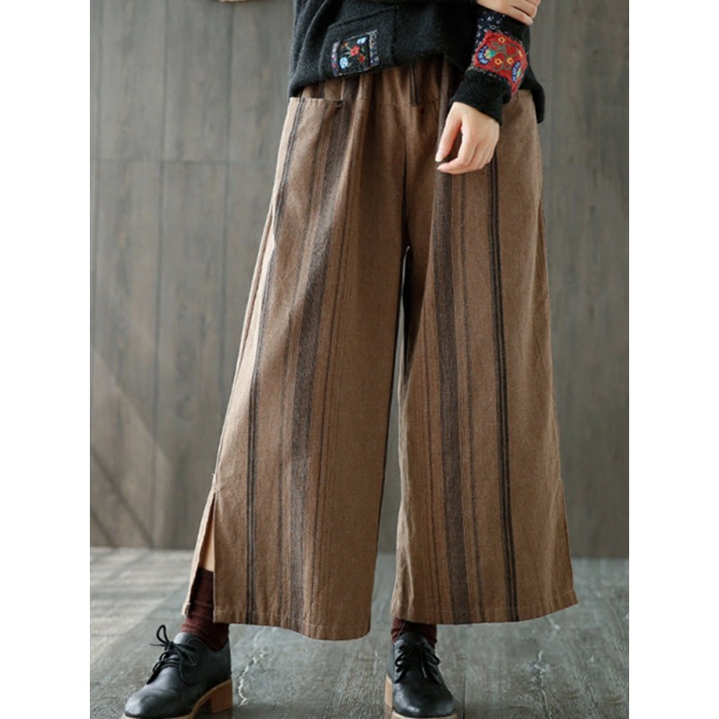 Vintage Stripe Splited Wide Leg Women Pants