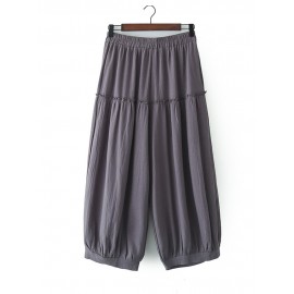 Women Casual Pleated Solid Color Elastic Waist Wide leg Pants