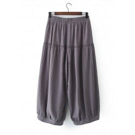 Women Casual Pleated Solid Color Elastic Waist Wide leg Pants