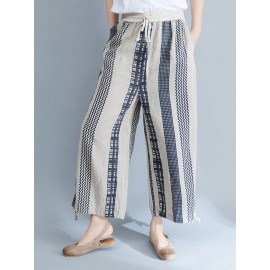 Stripe Plaid Print Wide Leg Drawstring Waist Casual Pants