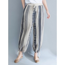 Stripe Plaid Print Wide Leg Drawstring Waist Casual Pants