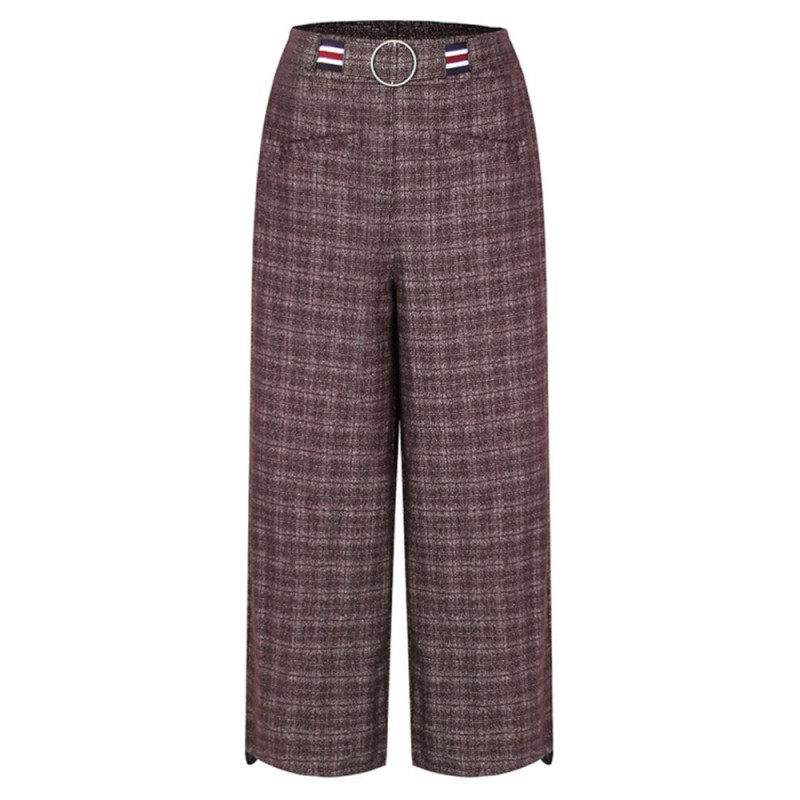 Casual Plaid Elastic Waist Women Woolen Wide Leg Pants