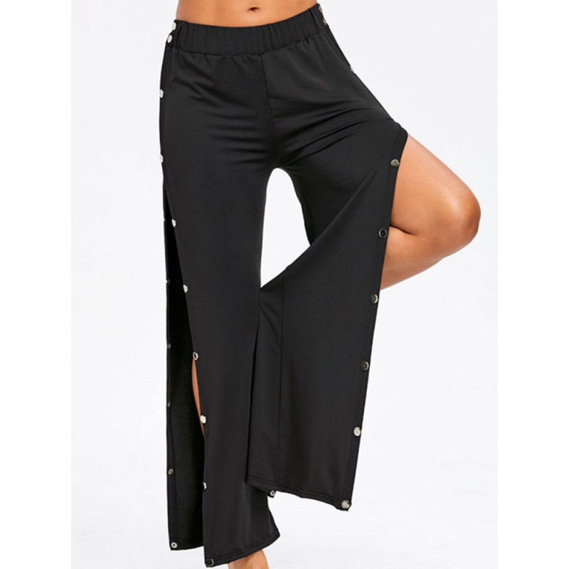 Casual Side Button Splited Pure Color Elastic Waist Pants