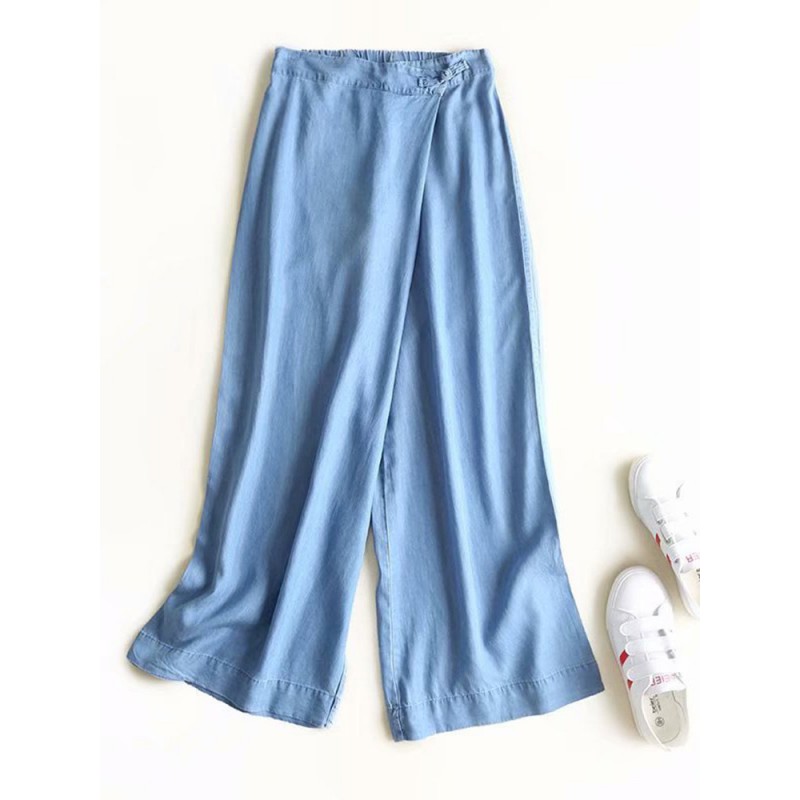 Frog Button Denim Pure Color Elastic Waist Casual Pants