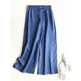 Frog Button Denim Pure Color Elastic Waist Casual Pants