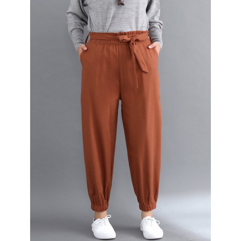 Solid Color Elastic Tie Waist Loose Casual Pants