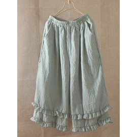 Sweet Solid Color Ruffled Elastic Waist Wide Leg Capris