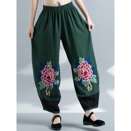 Vintage Embroidery Elastic Waist Women Wide Leg Pants