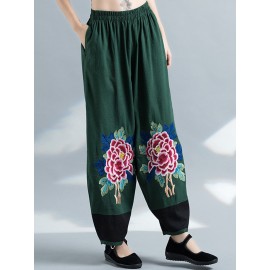 Vintage Embroidery Elastic Waist Women Wide Leg Pants