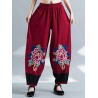 Vintage Embroidery Elastic Waist Women Wide Leg Pants