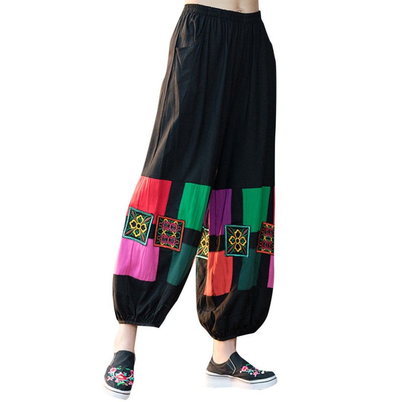 Folk Style Geometric Print Embroidered Patchwork Elastic Women Pants