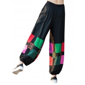 Folk Style Geometric Print Embroidered Patchwork Elastic Women Pants