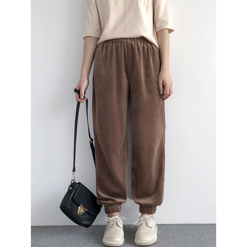 Loose Pockets Solid Color Elastic Waist Harem Pants