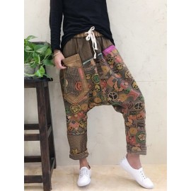 Baggy Vintage Ethnic Print Drop Crotch Spliced Pants