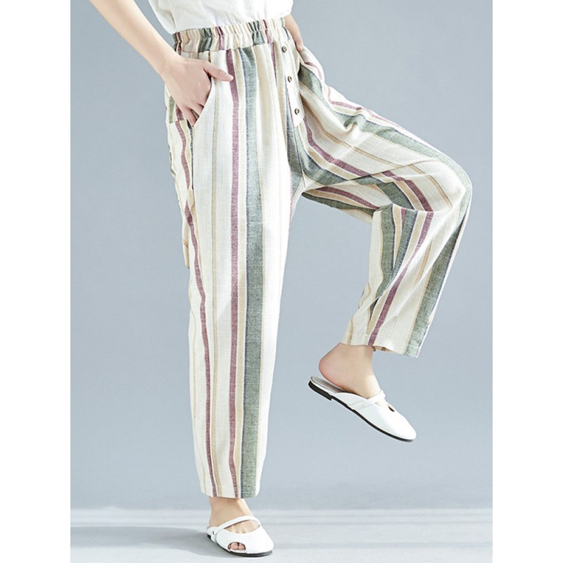 Striped Elastic Waist with Pockets Harem Pants