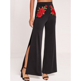 Floral Embroidered Side Splited Vintage Pants