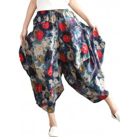 Leisure Loose Folk Print Pocket Harem Women Pants