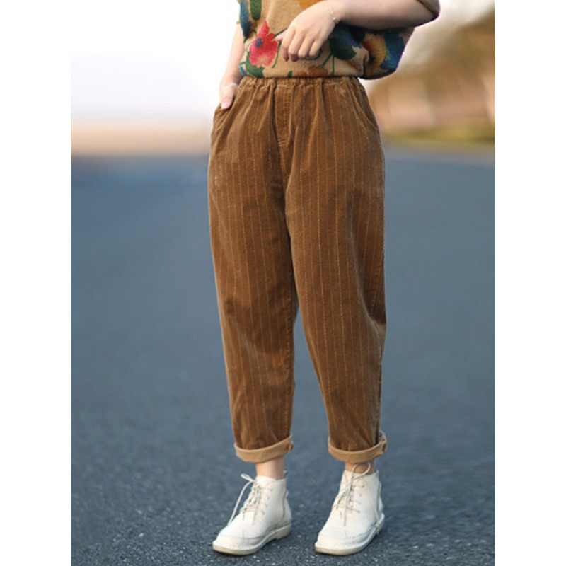 Harem Vertical Striped Solid Color Corduroy Pants