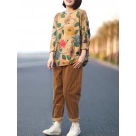 Harem Vertical Striped Solid Color Corduroy Pants