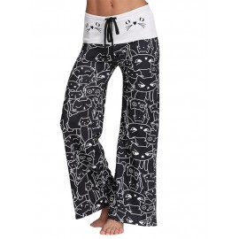 Women Cats Printed Elastic Waist Casual Pants