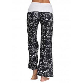 Women Cats Printed Elastic Waist Casual Pants